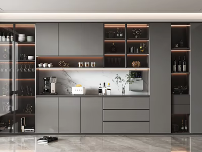 Modern Wine Cabinet Interior Design With Glass Doors Wine Bottles And Decorative Shelves 3d model