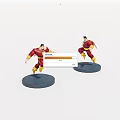 Two Superhero Figurines In Red And Yellow Costumes With Running Poses On Gray Bases