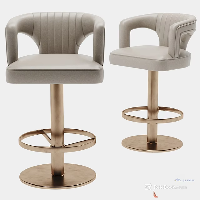 Modern Gray Leather Bar Stools With Armrests And Metal Base Design 3d model 