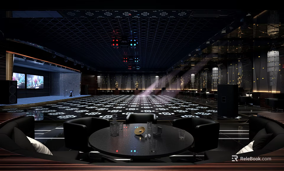 Luxurious Modern Clubhouse Interior Design With Stage Lighting Leather Seats Round Tables And TV Screen 3d model 