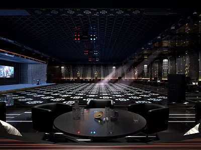 Luxurious Modern Clubhouse Interior Design With Stage Lighting Leather Seats Round Tables And TV Screen 3d model
