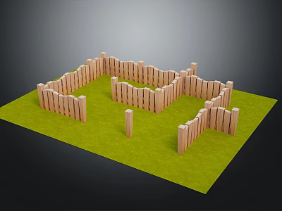 Wooden Garden Fence on Green Grass Lawn with Segmented Design and Decorative Posts 3d model