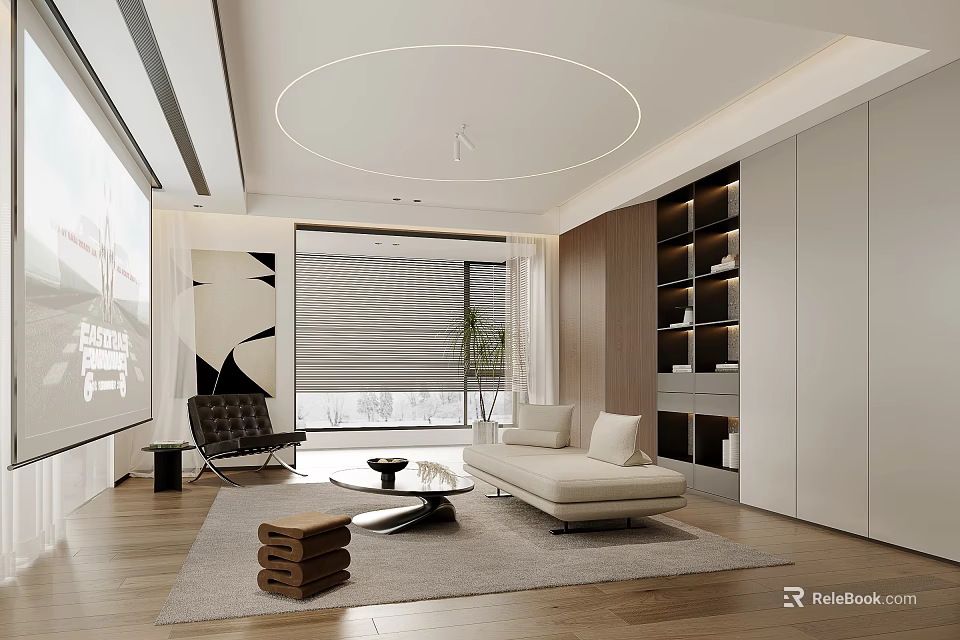 Modern Study Room Interior Design With Large Screen Projector Sofa Bookshelf Floor-to-Ceiling Window And Plant 3d model 