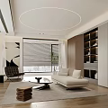Modern Study Room Interior Design With Large Screen Projector Sofa Bookshelf Floor-to-Ceiling Window And Plant