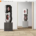 Contemporary Black and White Sculptures Featuring Red Musical Notes on Pedestals in Modern Interior