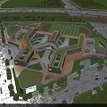 Modern School Building with Green Roofs Track and Field Sports Courts and Surrounding Trees