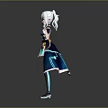 Game Movie Character With White Long Hair Blue Black Outfit Glowing Accents Red Cape