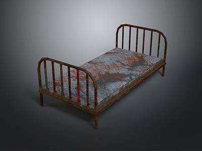 Rusty Metal Frame Single Bed With Gray Blue Mattress And Vintage Design 3d model