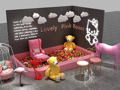 Lovely Pink Room with Teddy Bears Ball Pit Cloud Decorations Unicorn And Wicker Chair 3d model