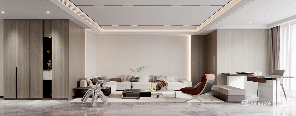 Modern Living Dining Room Interior Design With Sofa Coffee Table Lighting And Plants 3d model