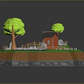Cartoon Scenic Landscape with Green Trees Small Cottage Grass Fence and Stones
