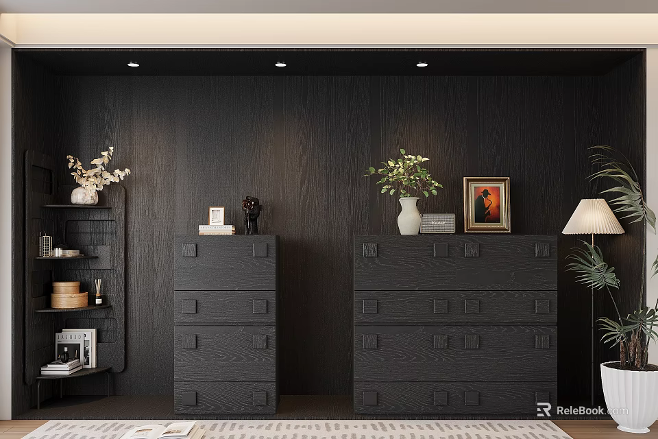 Modern Black Wooden Entryway And Side Cabinet Design With Drawers Framed Art And Potted Plant 3d model 