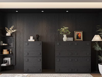Modern Black Wooden Entryway And Side Cabinet Design With Drawers Framed Art And Potted Plant 3d model