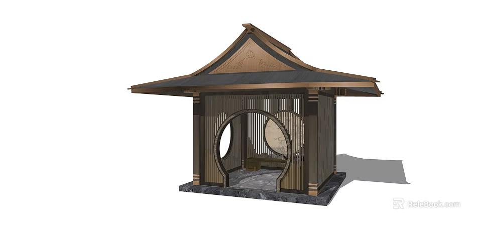 Traditional Chinese Pavilion With Wooden Structure Round Doorway And Stone Base 3d model 