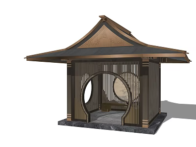 Traditional Chinese Pavilion With Wooden Structure Round Doorway And Stone Base 3d model