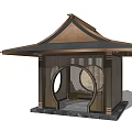 Traditional Chinese Pavilion With Wooden Structure Round Doorway And Stone Base
