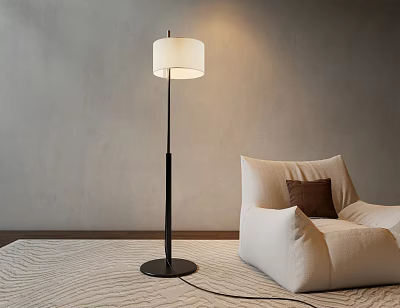 Modern Floor Lamp Beside Beige Sofa With Brown Cushion Against Gray Wall On Textured Rug 3d model