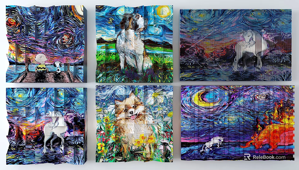 Colorful Animal Paintings With Starry Night Backgrounds And Van Gogh Style 3d model 