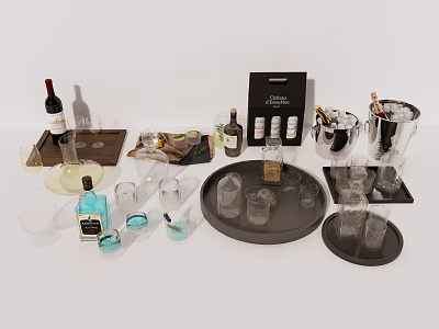 Assorted Wine Bottles and Glasses with Trays Ice Buckets and Various Bar Accessories on 3d model