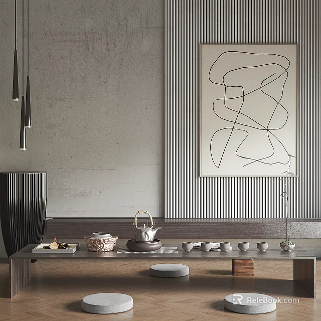 Modern Minimalist Tea Table And Chairs With Teapot Teacups Abstract Line Art Pendant Lights 3d model 