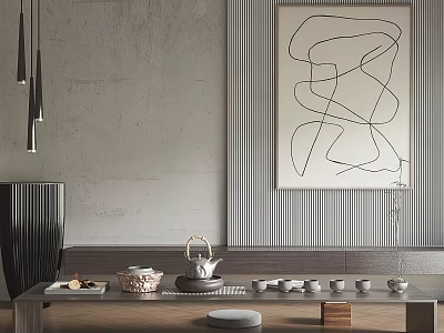 Modern Minimalist Tea Table And Chairs With Teapot Teacups Abstract Line Art Pendant Lights 3d model