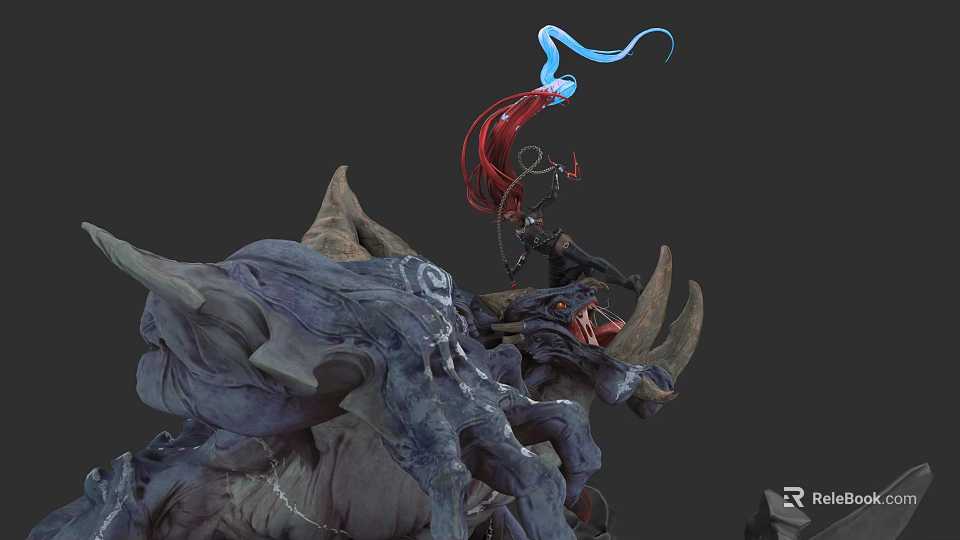 Game Movie Character Riding Horned Mythical Creature With Red Blue Ribbons And Detailed Texture 3d model 