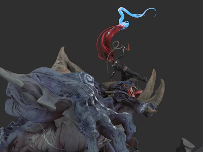 Game Movie Character Riding Horned Mythical Creature With Red Blue Ribbons And Detailed Texture 3d model