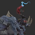 Game Movie Character Riding Horned Mythical Creature With Red Blue Ribbons And Detailed Texture