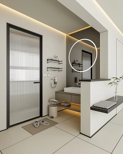 Modern Bathroom Interior With Round Mirror Glass Shower Door And Vanity Storage Shelves 3d model