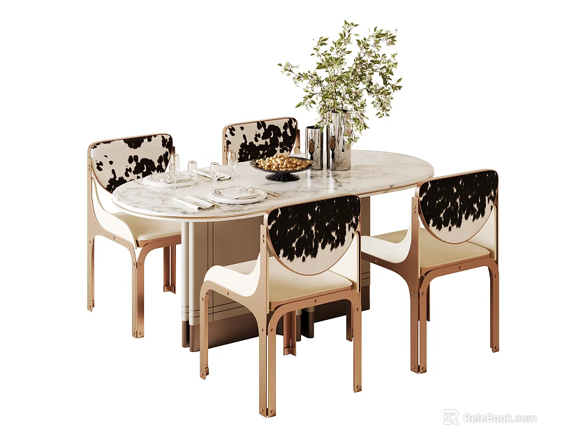 Elegant Dining Table Set With Marble Top Four Patterned Chairs Golden Legs And Green Plant 3d model 