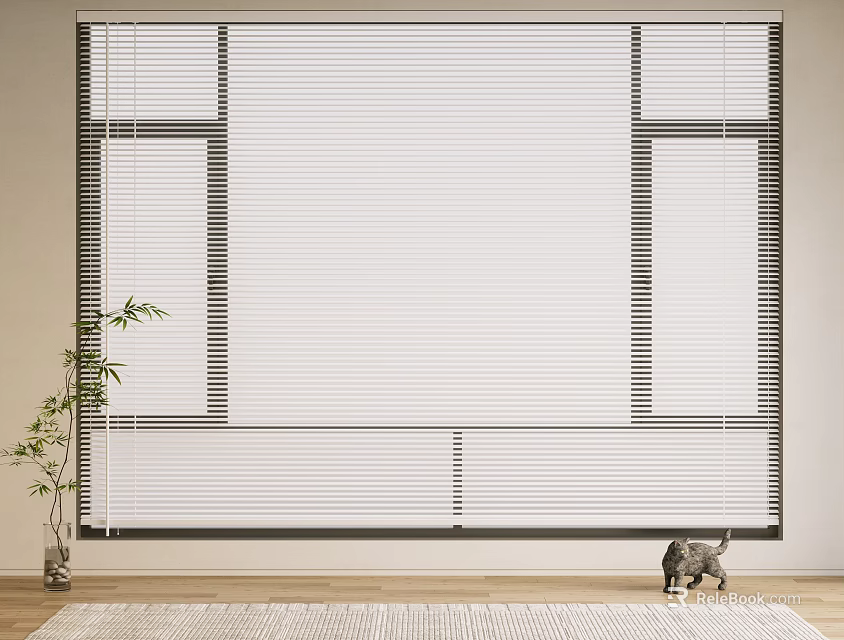 White Window Blinds in Room with Beige Wall Green Plant Cat and Light Rug 3d model 