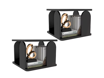 Two Black Storage Shelves Holding Gold Scissors And Stacked Books 3d model