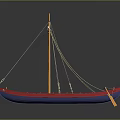 Detailed Traditional Ship Model With Orange Blue Hull Mast Ropes And Oars On Reflective Surface