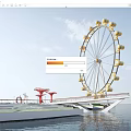 Kids Play Area With Ferris Wheel Red Structures And Waterfront Platform Over Water