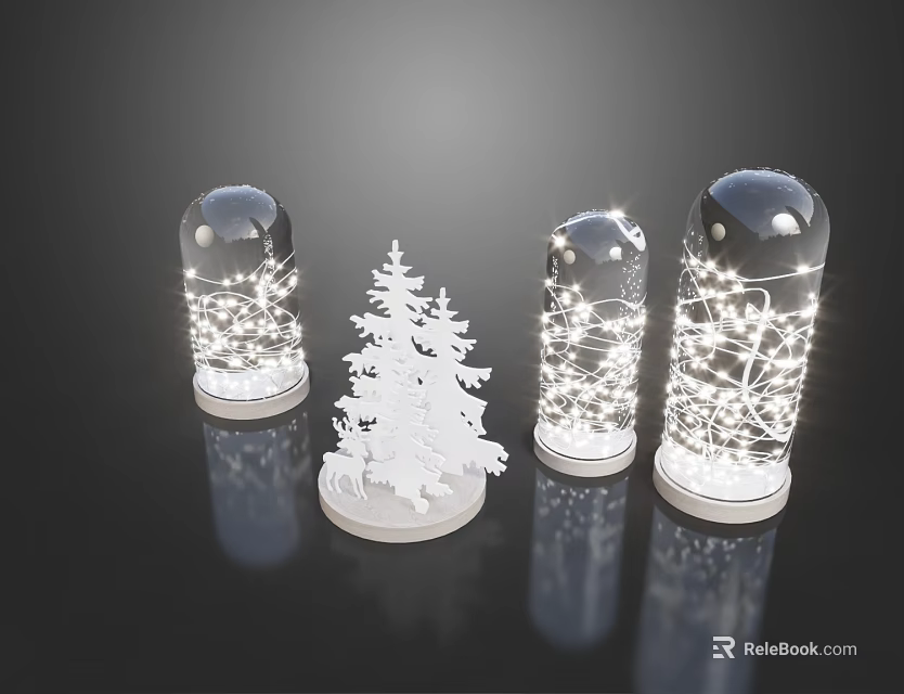 Transparent Table Lamps With String Lights And White Christmas Tree Decoration For Festive Home Decor 3d model 