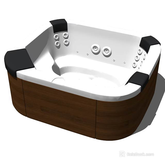 Luxury Modern Whirlpool Bathtub With White Interior Wooden Base And Black Cushions 3d model 