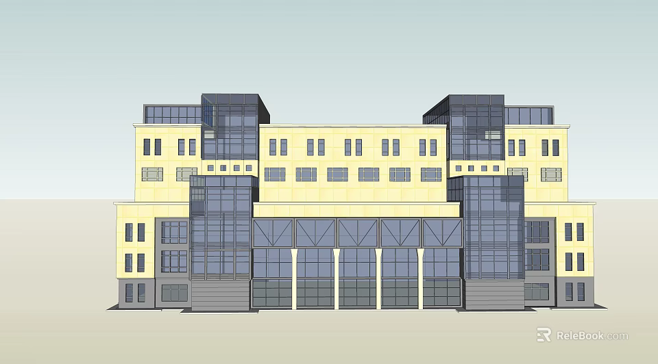Modern Multi Storey Office Building With Yellow Facade And Glass Elements 3d model