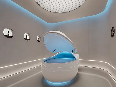 Modern Beauty Salon Interior With Egg Shaped Device And Round Mirrors 3d model