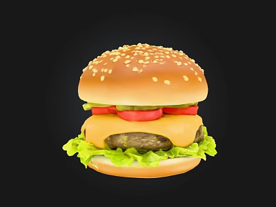 Delicious Hamburger With Sesame Seed Bun Lettuce Tomato Slices Pickles Cheese And Beef Patty 3d model