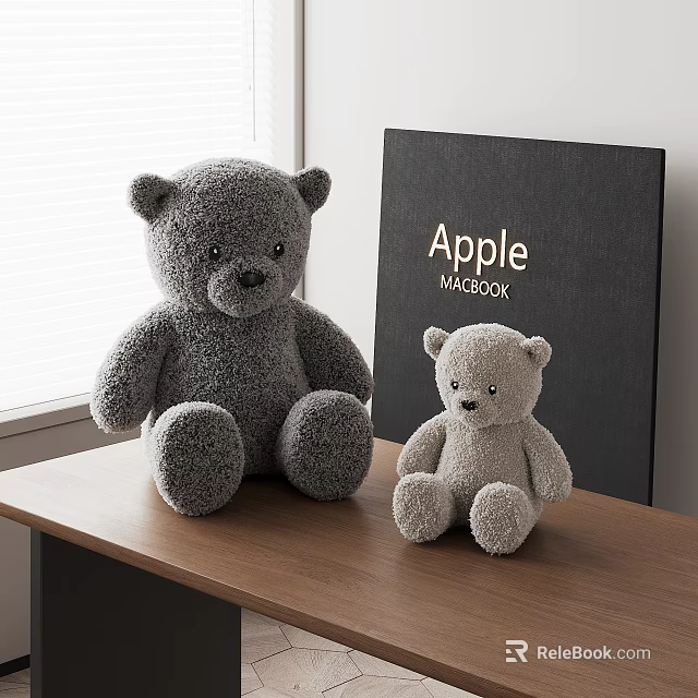 Large Gray And Small Light Gray Teddy Bears On Wooden Table With MacBook Box 3d model 
