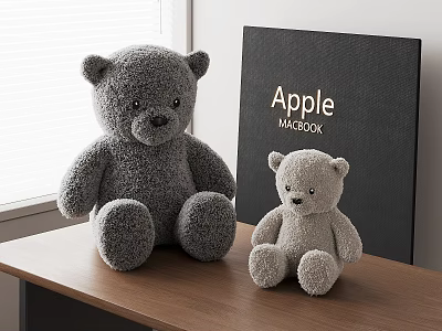 Large Gray And Small Light Gray Teddy Bears On Wooden Table With MacBook Box 3d model