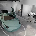 Modern Car Showroom Interior Featuring Green Sports Car With Open Hood Displaying Engine And Sofas