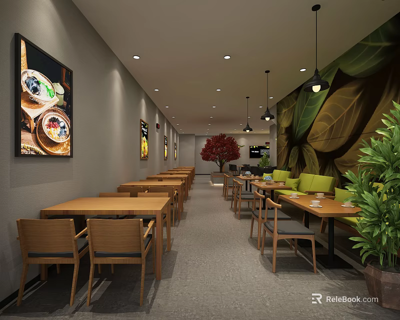 Cozy Modern Café Interior With Wooden Tables Green Plants Hanging Lights And Artwork 3d model 