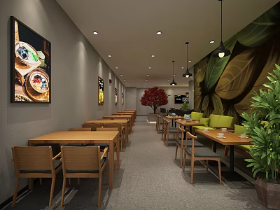 Cozy Modern Café Interior With Wooden Tables Green Plants Hanging Lights And Artwork 3d model