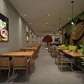 Cozy Modern Café Interior With Wooden Tables Green Plants Hanging Lights And Artwork