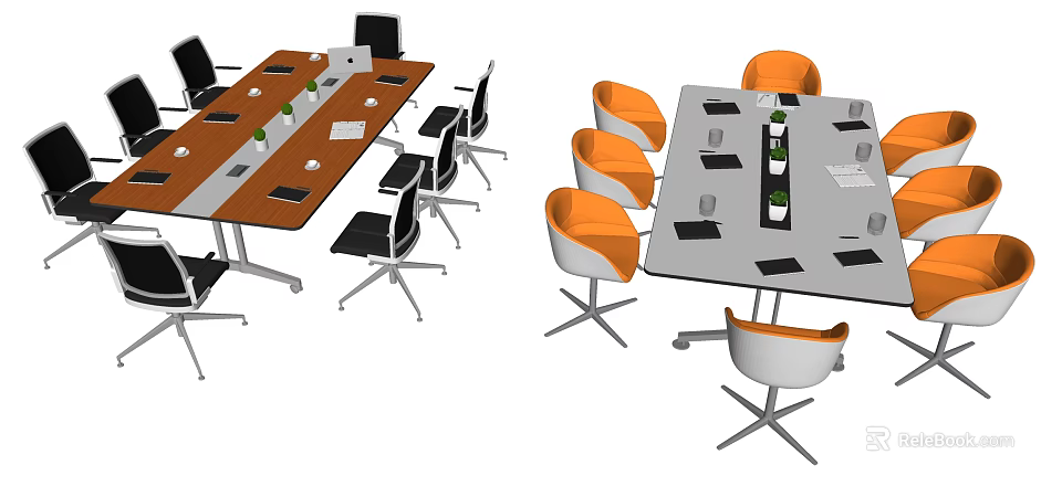 Modern Conference Tables With Rectangular And Round Shapes Orange Black Chairs And Table Items 3d model
