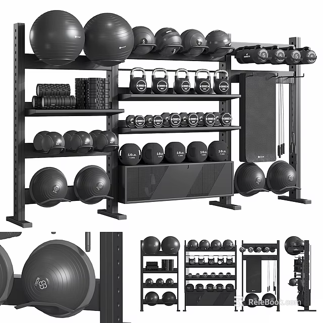 Multi Tiered Fitness Equipment Rack With Dumbbells Medicine Balls And Exercise Balls 3d model 