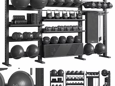 Multi Tiered Fitness Equipment Rack With Dumbbells Medicine Balls And Exercise Balls 3d model