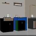 Modern Tea Cabinets on Display with Beige Brown Blue Black and Tea Sets