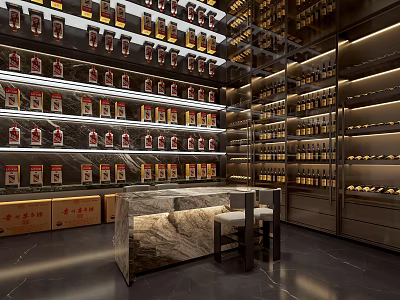 Luxurious Wine Cellar With Metal Racks Numerous Wine Bottles And Marble Bar 3d model